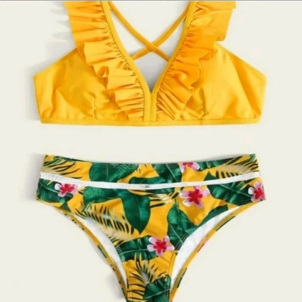 NEW Yellow Ruffle Bikini Top with Floral Bottom - Picture 3 of 12